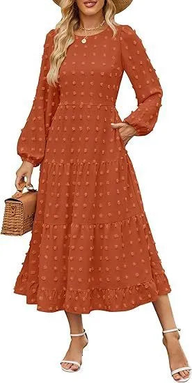 Women's solid colour long sleeve dress with ruffled sleeves and high waist in autumn colours