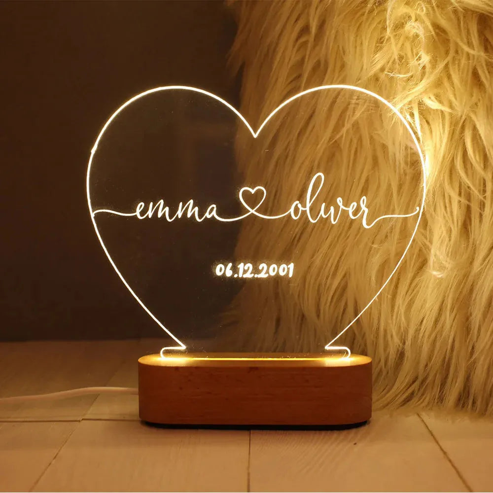Custom acrylic LED night light personalised with names and date for Valentine's Day gift
