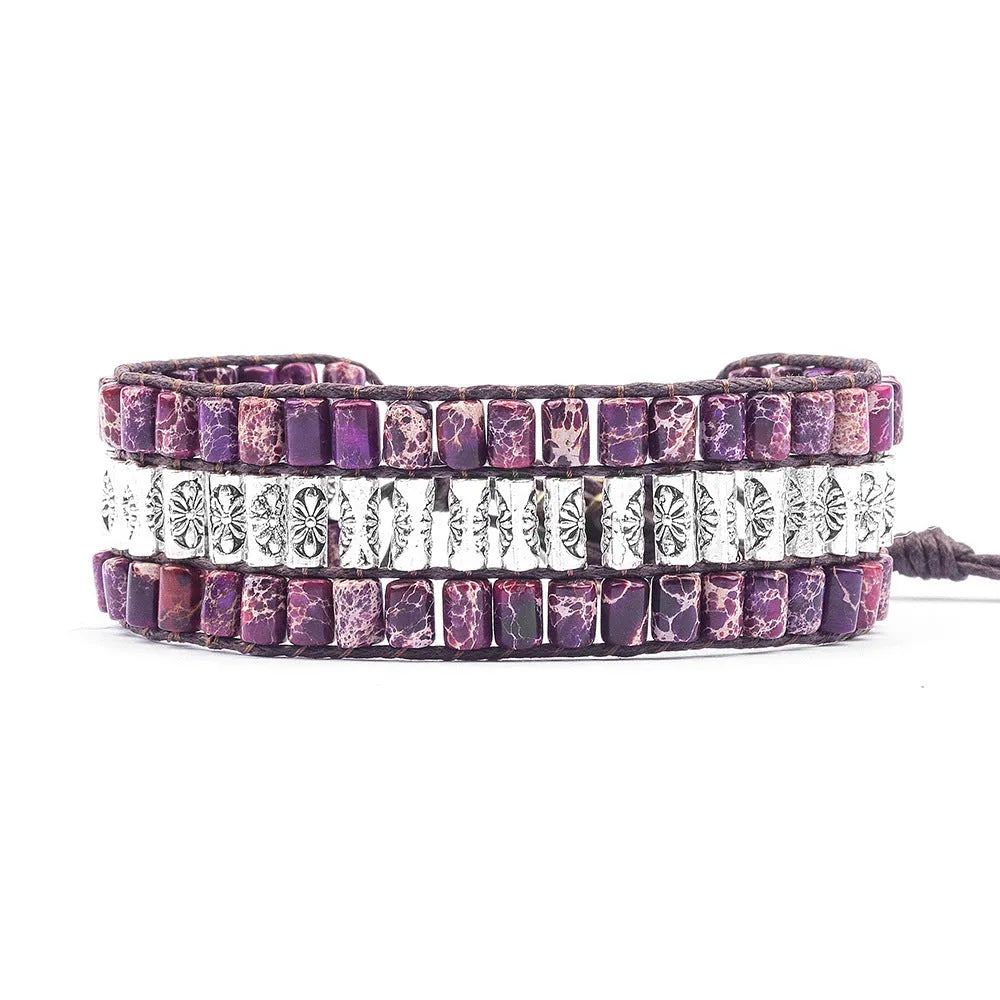 Purple vintage Bohemian braided agate bracelet with cross motif, 13mm beads, hand-woven wax rope, on neutral background