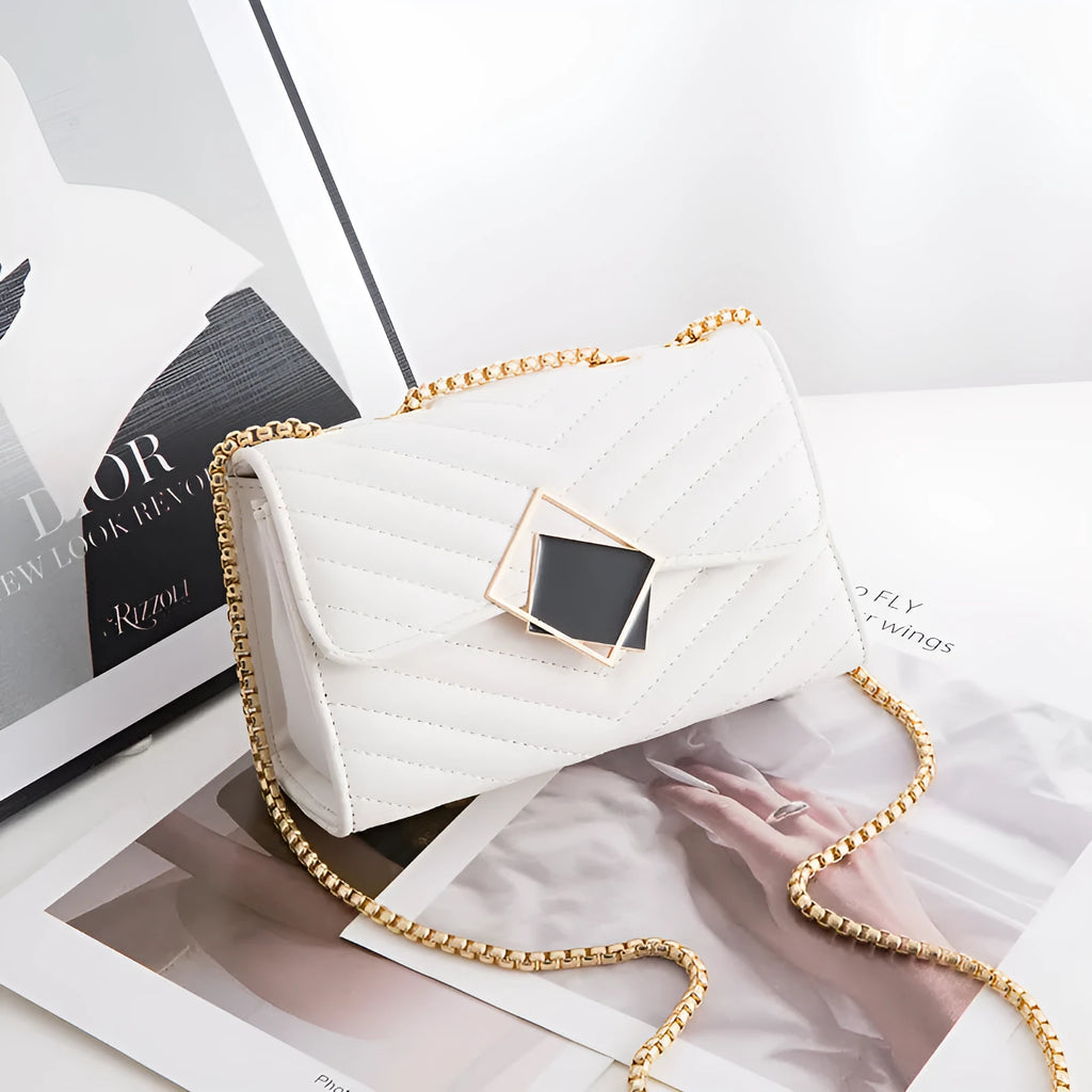 Small PU crossbody bag with chain, sequins and diamond plaid, black square buckle, front view