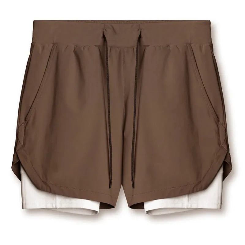 Sports casual quick-drying double-layer two-in-one running shorts with liner, polyester, beige colour, men's size M