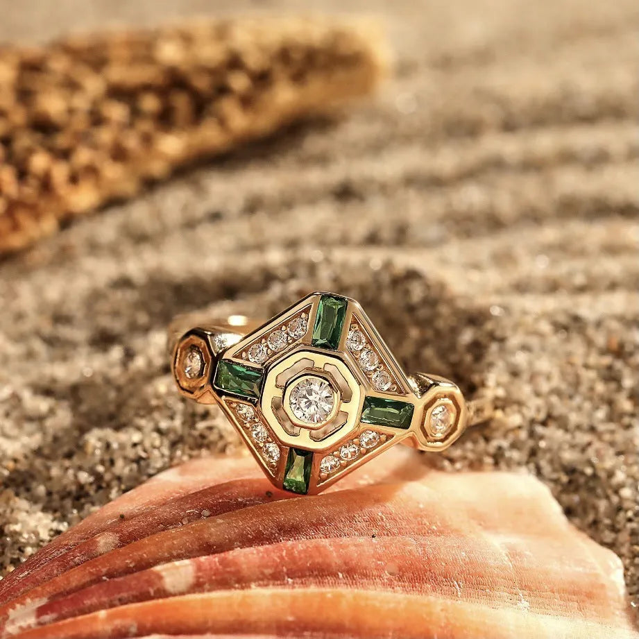 Square geometric emerald diamond ring for women in lvzuan colour with electroplated finish