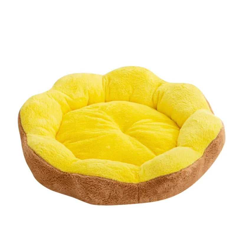 Round detachable rabbit plush pet bed in brown gray colour showing thick fabric and nest shape