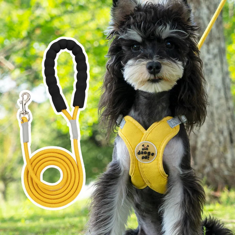 Polyester dog harness and lead set in matching colours with adjustable vest and hand-holding rope