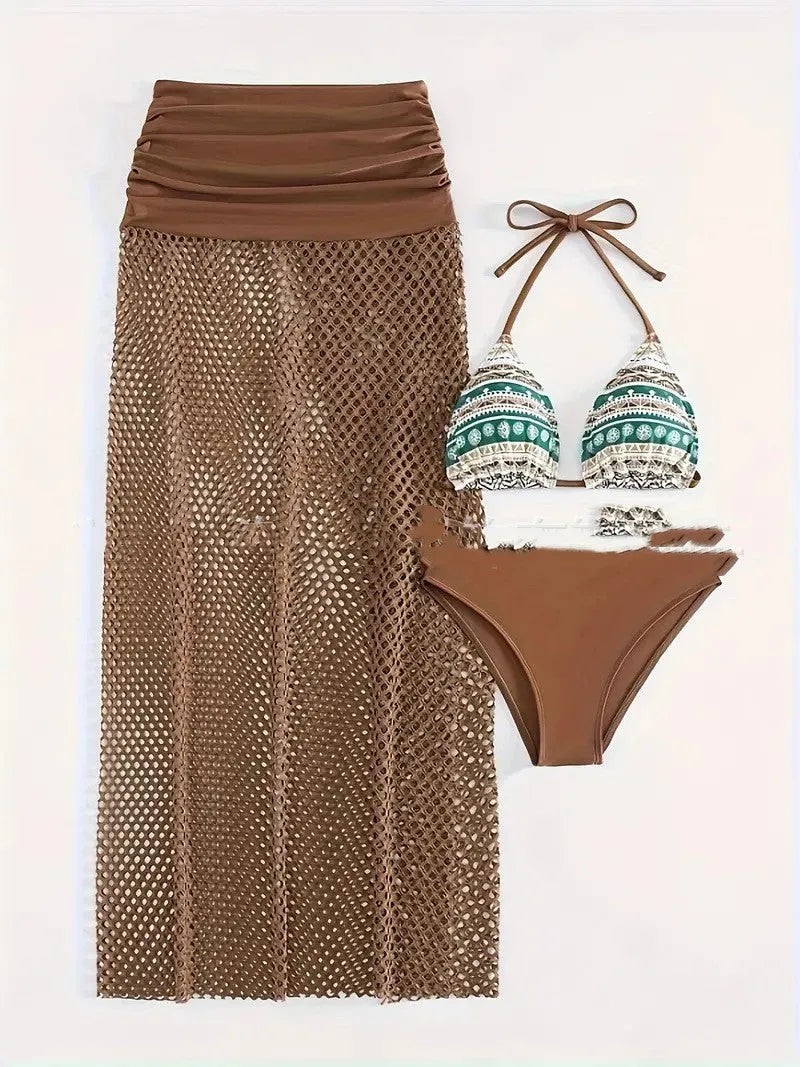 Women's brown bikini set with long fishnet skirt and gradient pattern