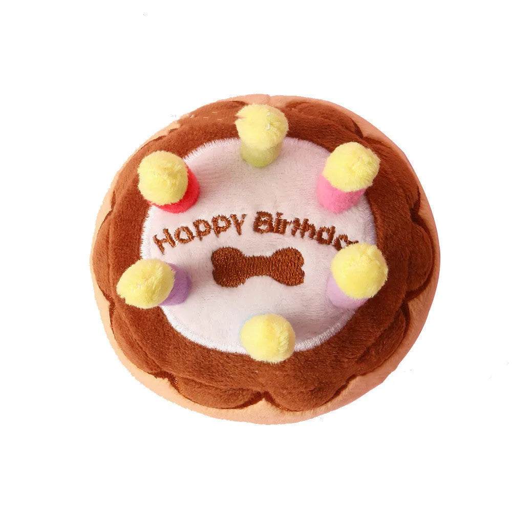 Brown plush pet birthday cake toy with candle, 40g, for dogs and cats