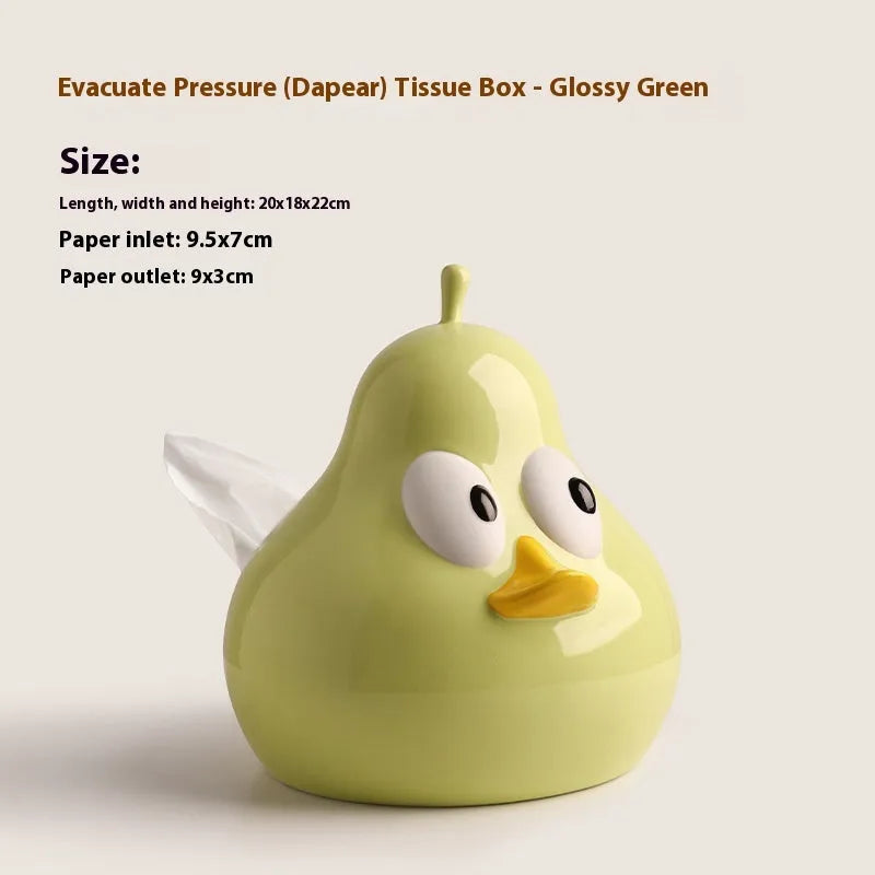 White ceramic pear shaped tissue box holder with cute animal design in green colour option