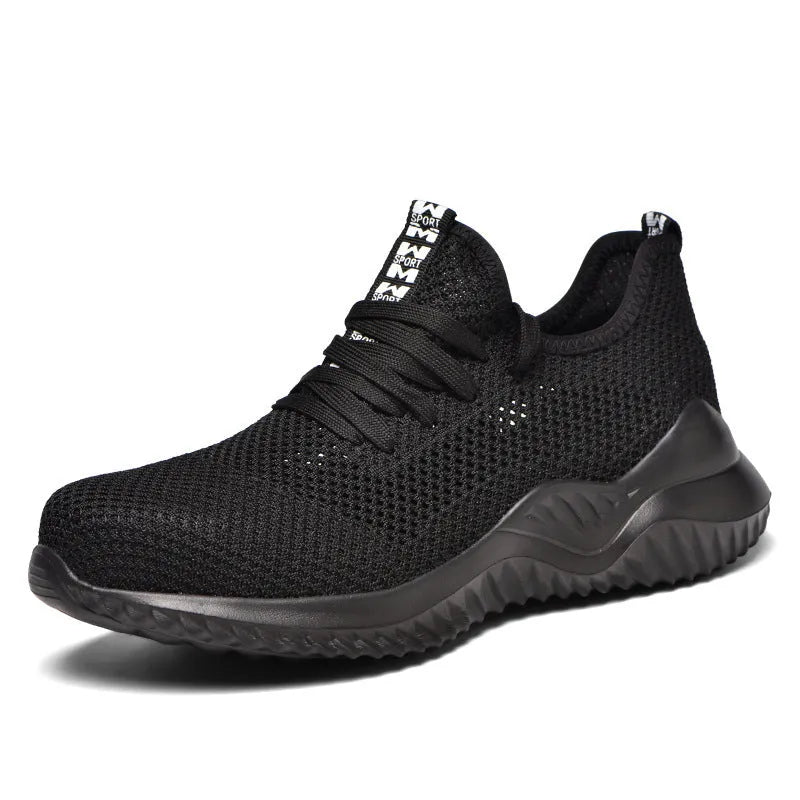 Black low-cut steel toe cap safety work shoes with antistatic EVA sole.
