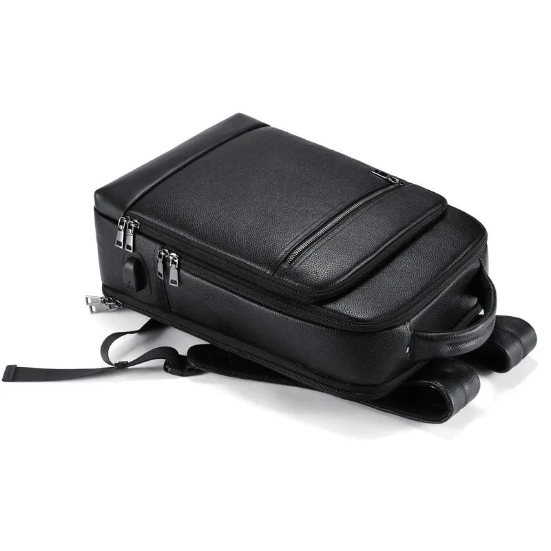 Black genuine leather men's business laptop backpack with curved shoulder straps