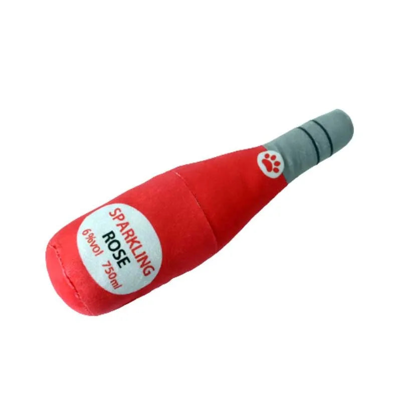 Plush wine bottle pet toy in assorted colours including green, orange, red, black and white.