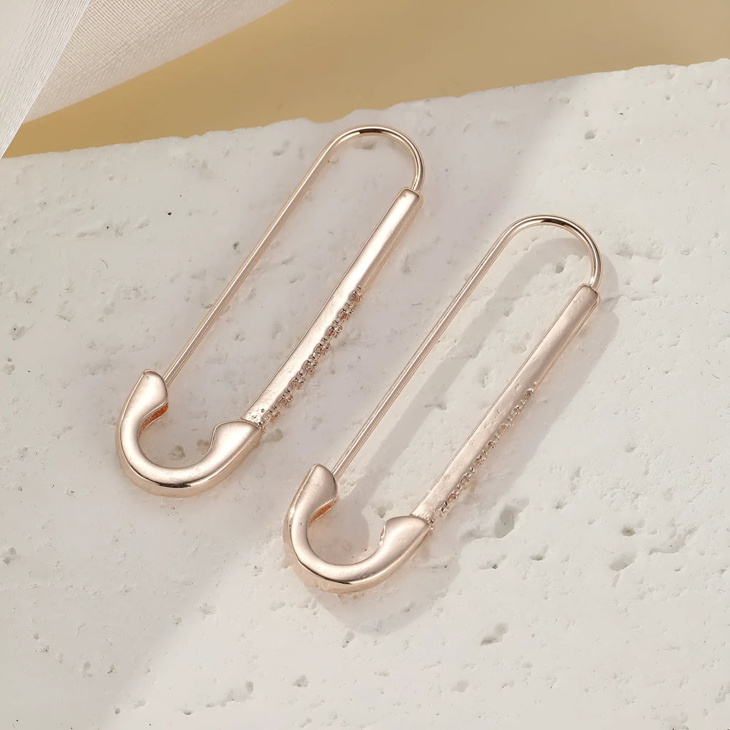 Rose gold copper pin earrings with geometric asymmetric shape and inlaid zircon for women