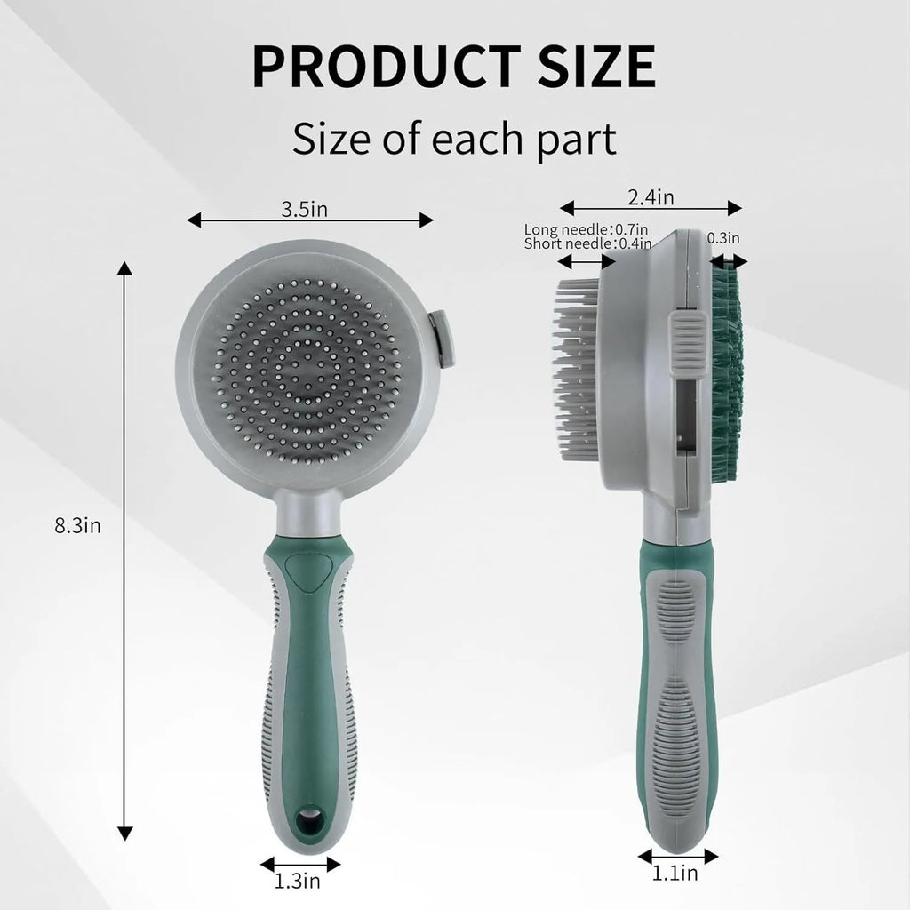 Green and pink 2-in-1 silicone pet grooming brush with retractable slicker and octopus-teethed massager