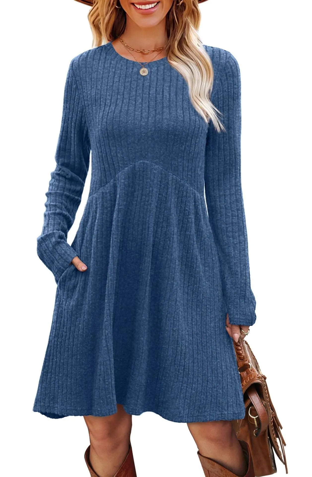 Women's bohemian brushed sunken stripe midi dress in apricot, wide waist, solid colour stitching detail, front view