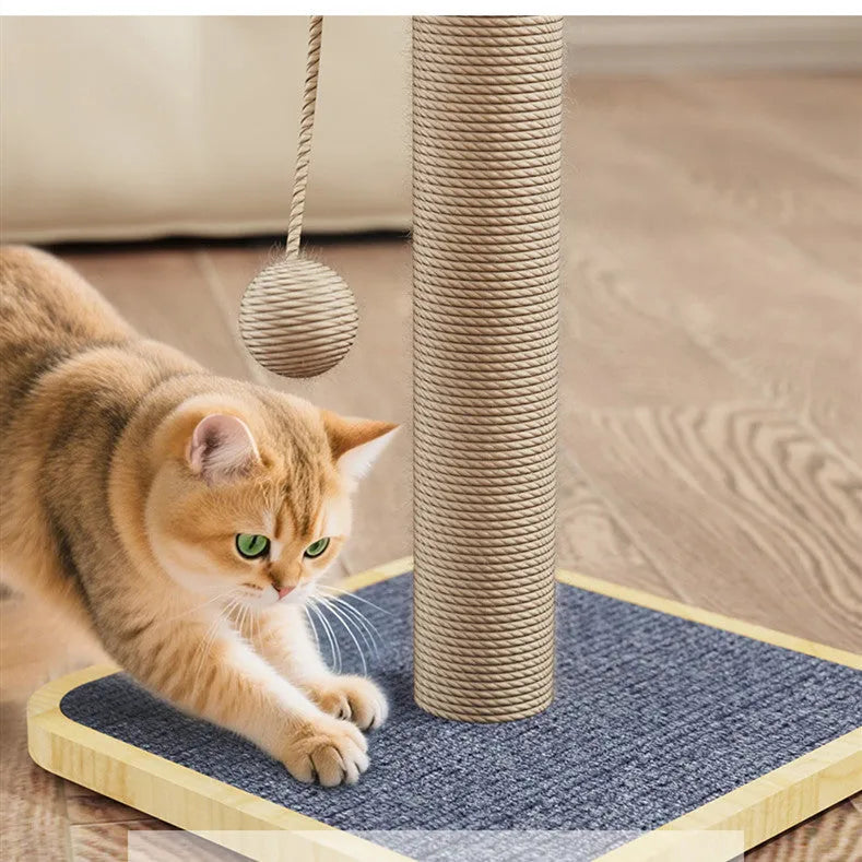 Windmill colour cat climbing frame with a hanging ball toy, made from pine wood and carpet leather.