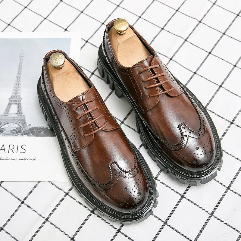 Men's black and brown brogue shoes with round toe and classic business styling