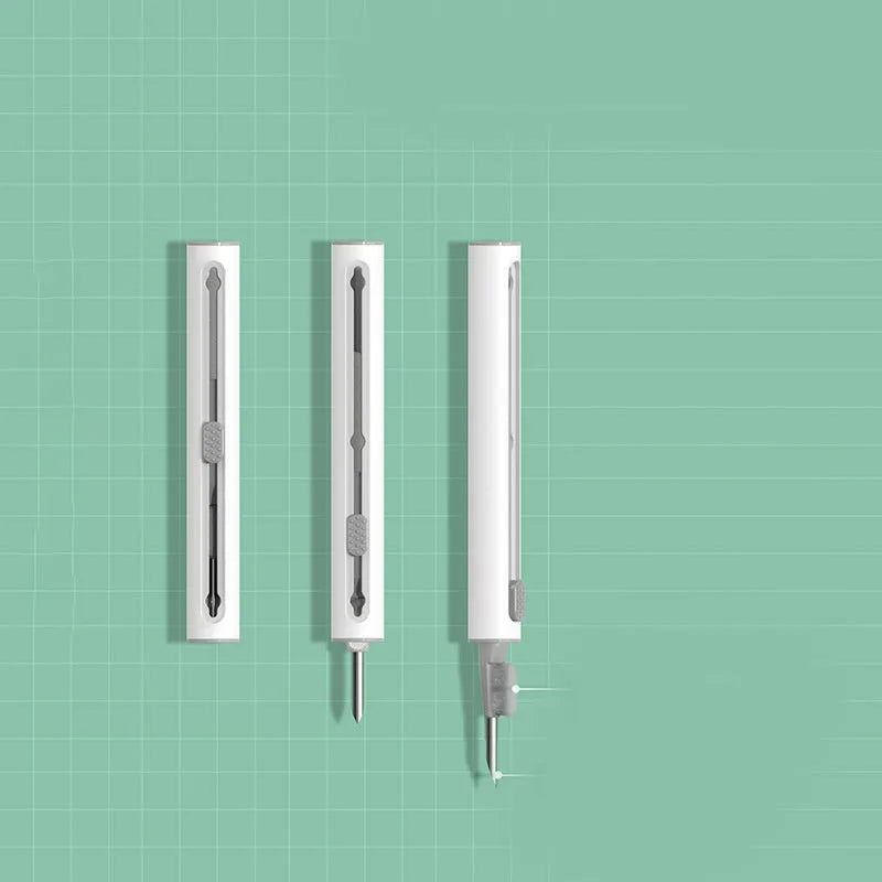 White 3-in-1 headset cleaning pen with ABS, metal, and sponge tips on blue background
