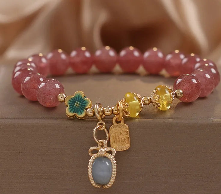Red strawberry quartz beaded bracelet with alloy components and rhinestone accents for women