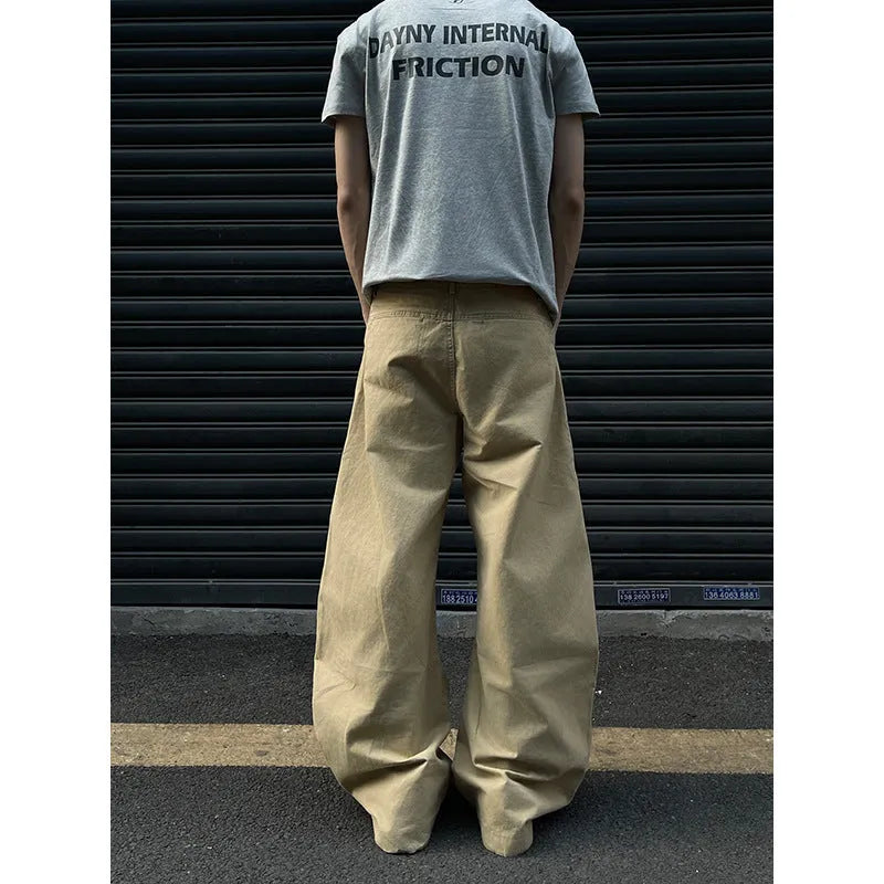 Men's khaki straight-leg cotton trousers with American retro styling