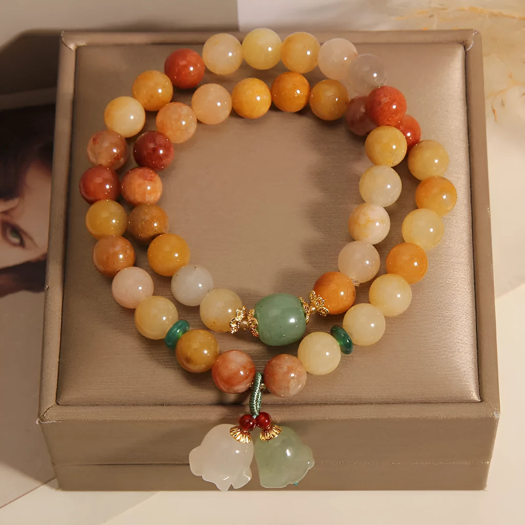 Natural jade multi-strand bracelet with orchid pendant charm for women