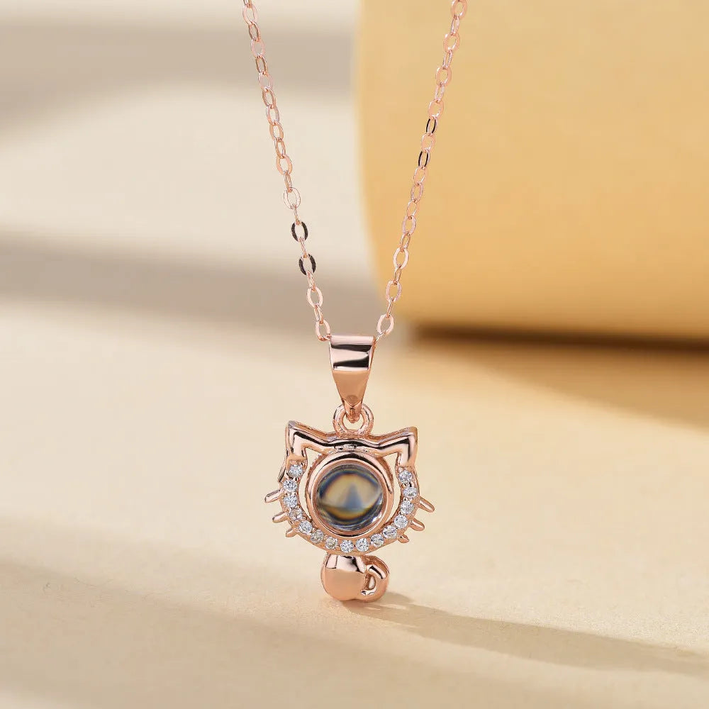 I Love Your Cat Photo Customized Projection Necklace 925 silver pendant with cat photo customisation in white gold finish