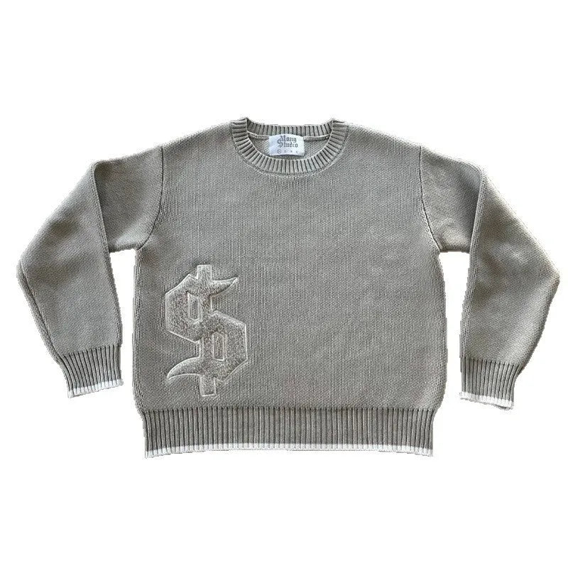 Grey loose-fitting jacquard knitwear coat with long sleeves on hanger