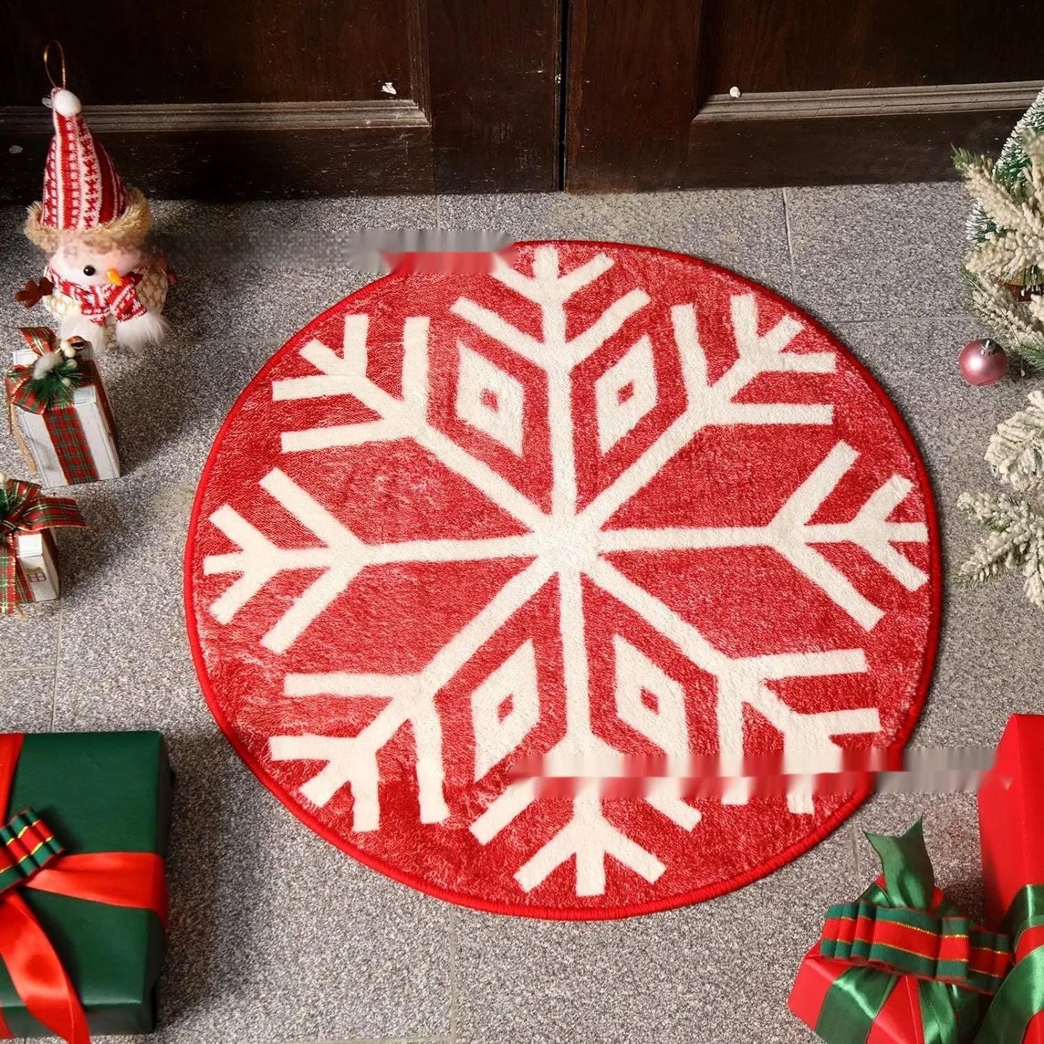 Christmas round pad design printed on a soft, square polyester fibre carpet.