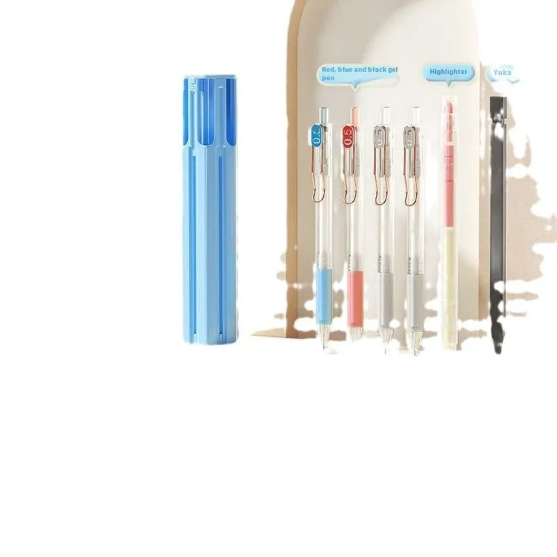 Plastic six pens pencil box kit with pressing pen in Sky Blue, White, or Pink colours.