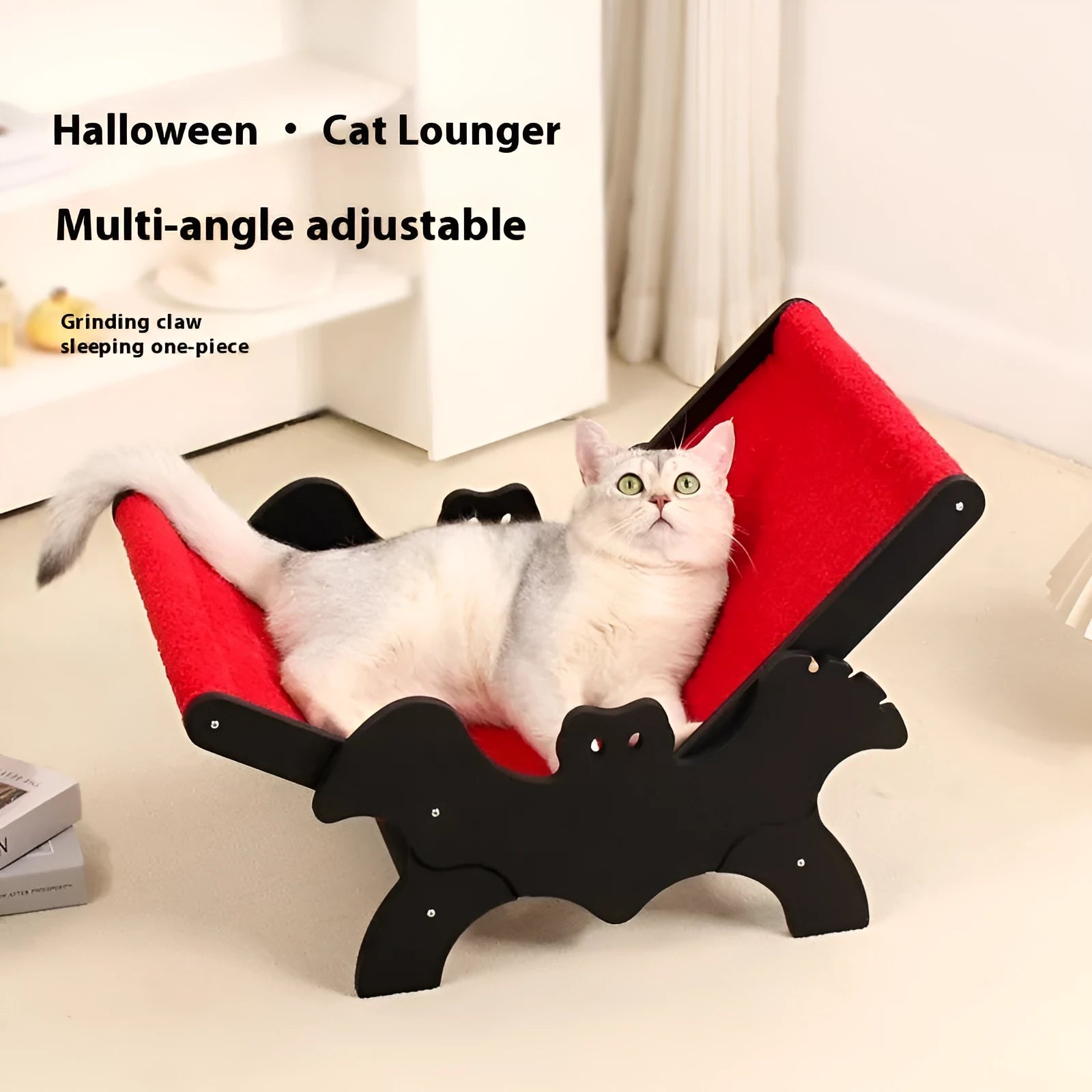 Black and red Halloween themed wooden cat recliner bed with cage enclosure.