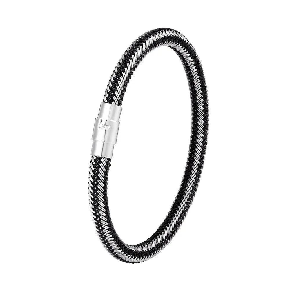 Geometric titanium steel bracelet with a magnetic clasp, shown in a unisex style.