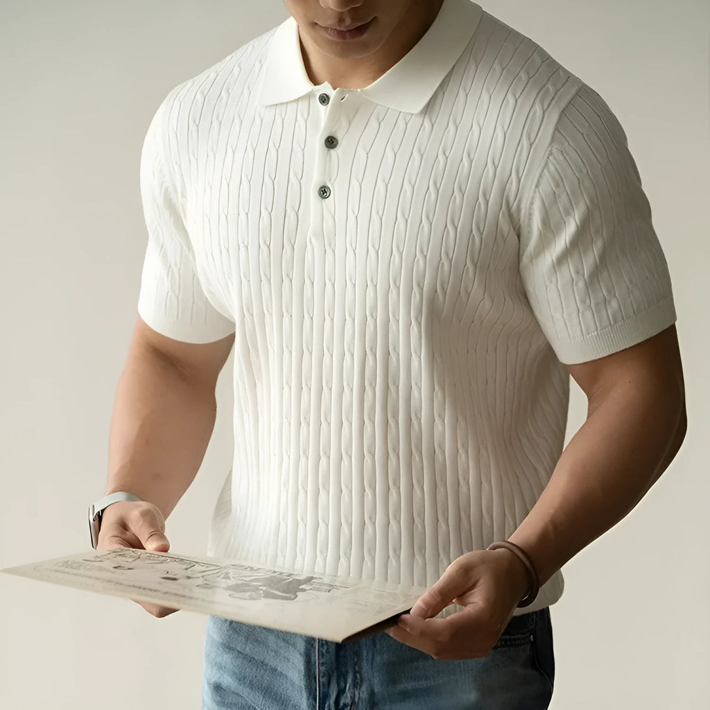 Men's short-sleeve business casual top in khaki colour, showing front design and fabric texture.