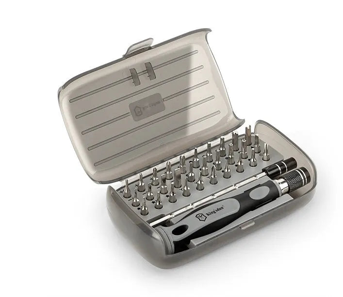 32-in-1 screwdriver set with multiple bits in plastic storage case measuring 130mm