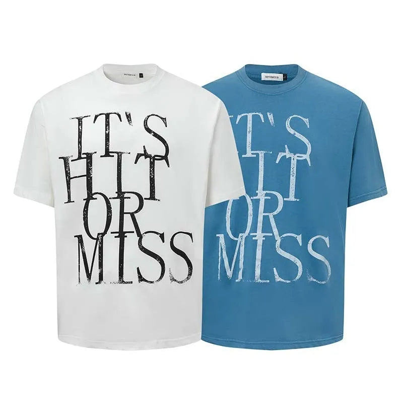 Men's blue American Retro style T-shirt with white letter print design