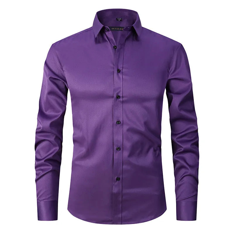 Men's stretch long sleeve polyester work shirt on a hanger, showing button front and long sleeves.