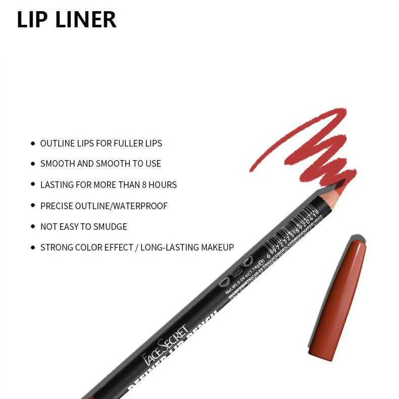 Wood-cased matte lip liner pencil in one of fourteen shades, shown on a hand