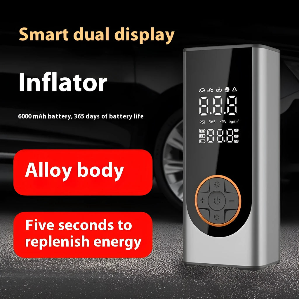 Wireless intelligent aluminium alloy car tyre inflator in black with LED gauge and warning light on a dark background