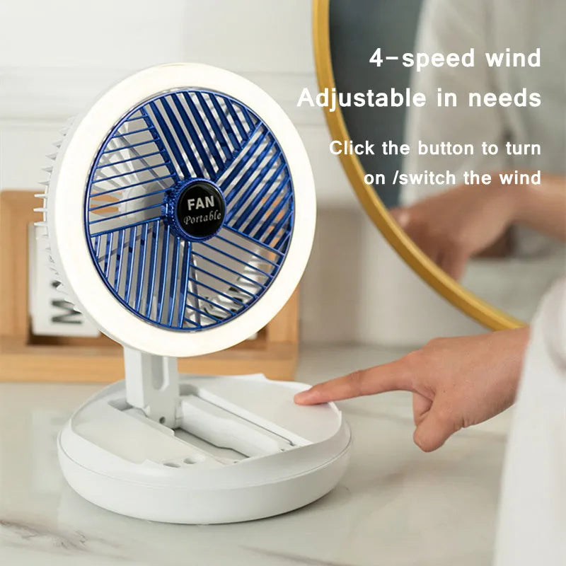 Blue foldable USB desk fan with LED light showing wall mount and ceiling hanging options