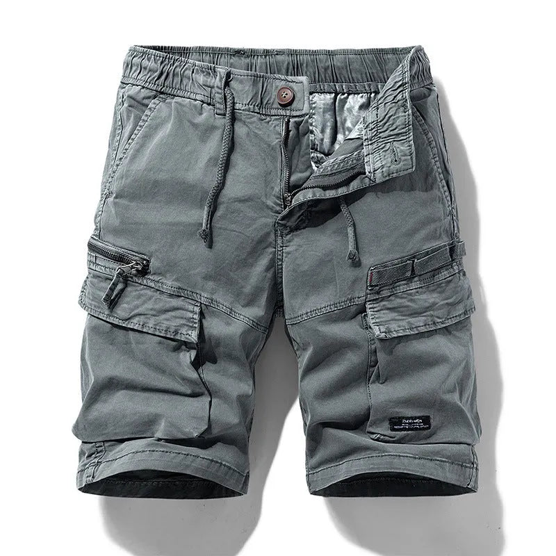 Men's cotton shorts with multiple pockets and zipper in army green colour