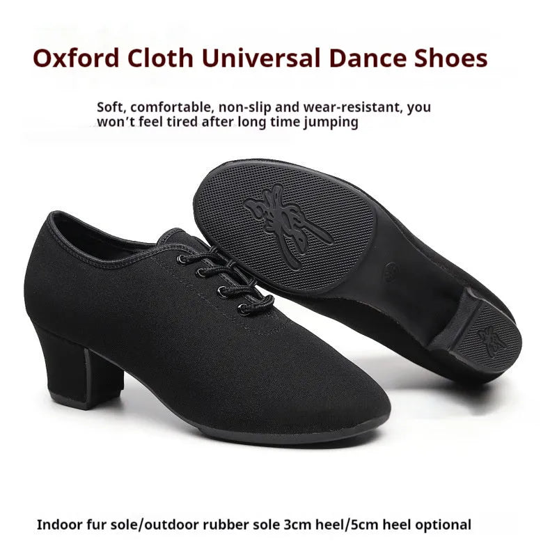 Men's black oxford cloth ballroom dancing shoes with middle heel and rubber sole, indoor and outdoor variants