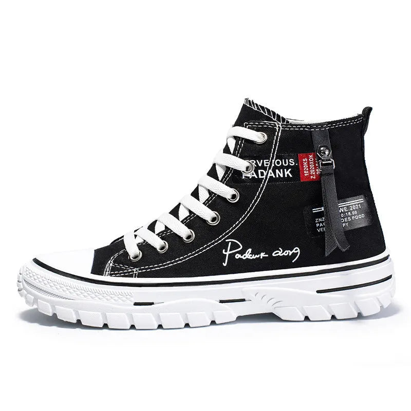 Men's casual canvas high top lace-up shoes in black with letter print pattern, round toe, and front laces