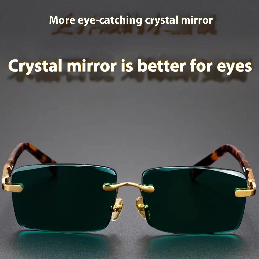 Dark green frameless crystal sunglasses with case and cleaning cloth