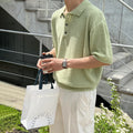 Men's caramel coloured retro knitted polo shirt with short sleeves and asymmetrical design detail