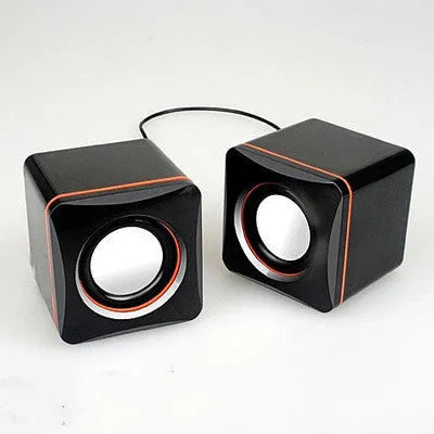 Black square USB-powered 2.0 desktop computer speaker measuring 7cm