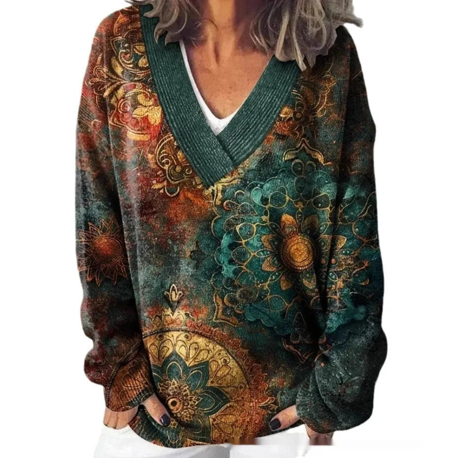Women's V-neck long sleeve sweatshirt with a detailed 3D floral printed pattern in a retro style.