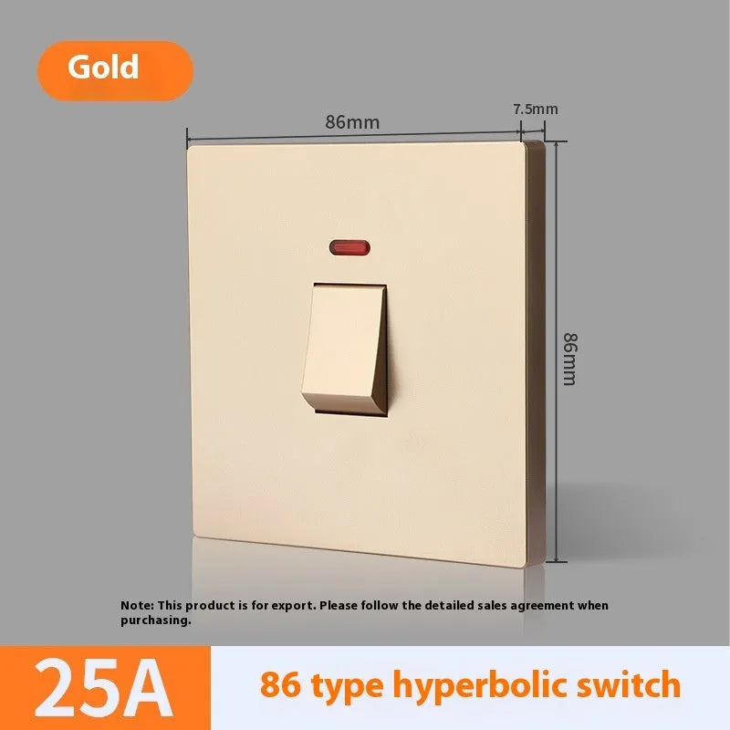 Plastic electrical switch with light panel for curved rack mounting in gold, grey or white