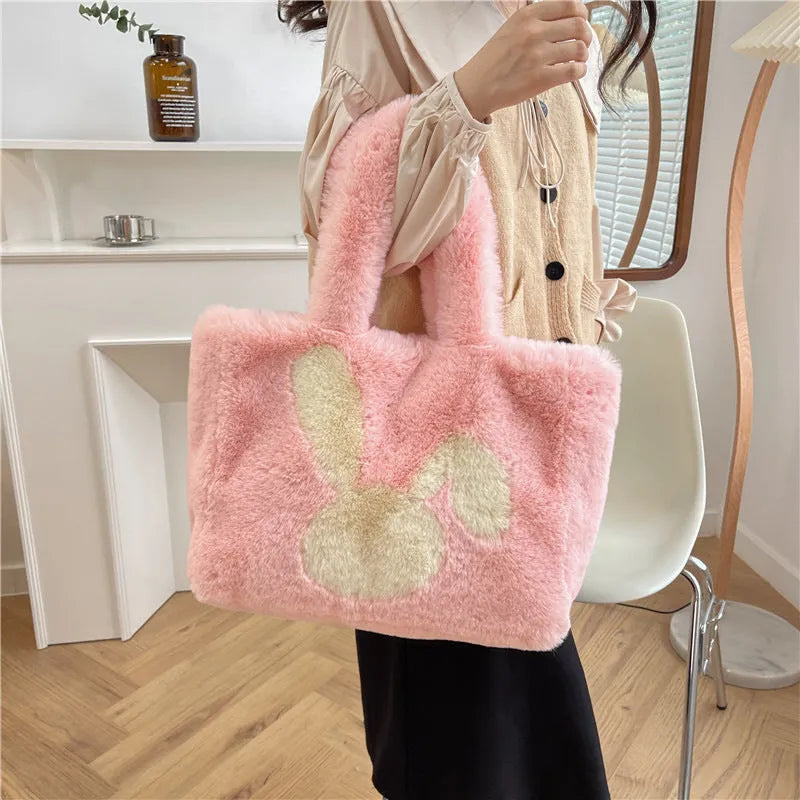 Cartoon rabbit ears plush shoulder tote bag in solid colour with large capacity