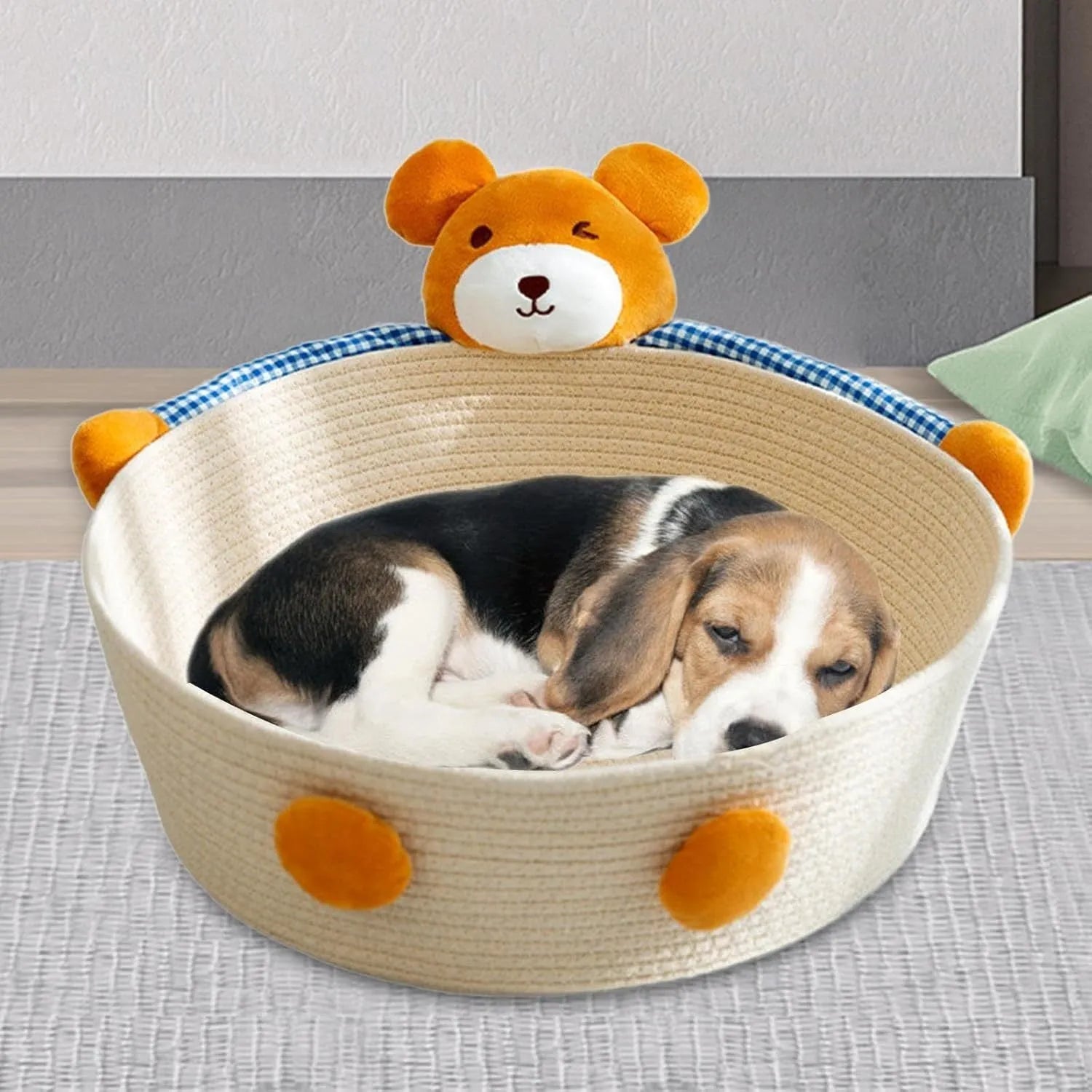 Woven cotton rope cat bed with scratching board surface, available in bear or rabbit styles.