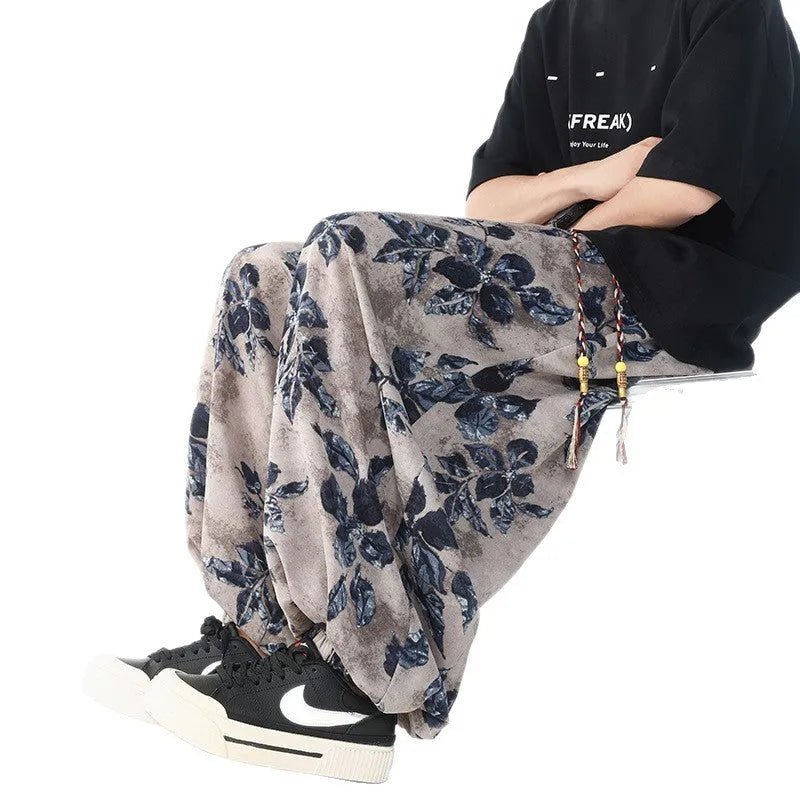 Plus size loose men's casual pants in ice silk drape, ice blue colour, mid waist, relaxed fit, size M to 5XL