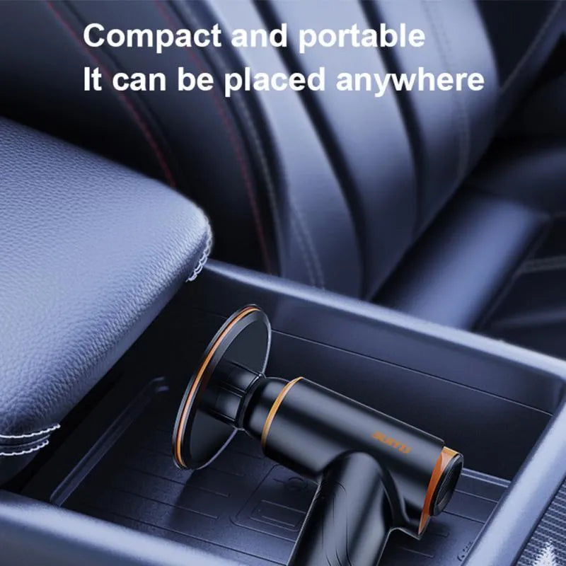 Black car polishing machine with 12cm disc and USB charging cable on a workshop bench