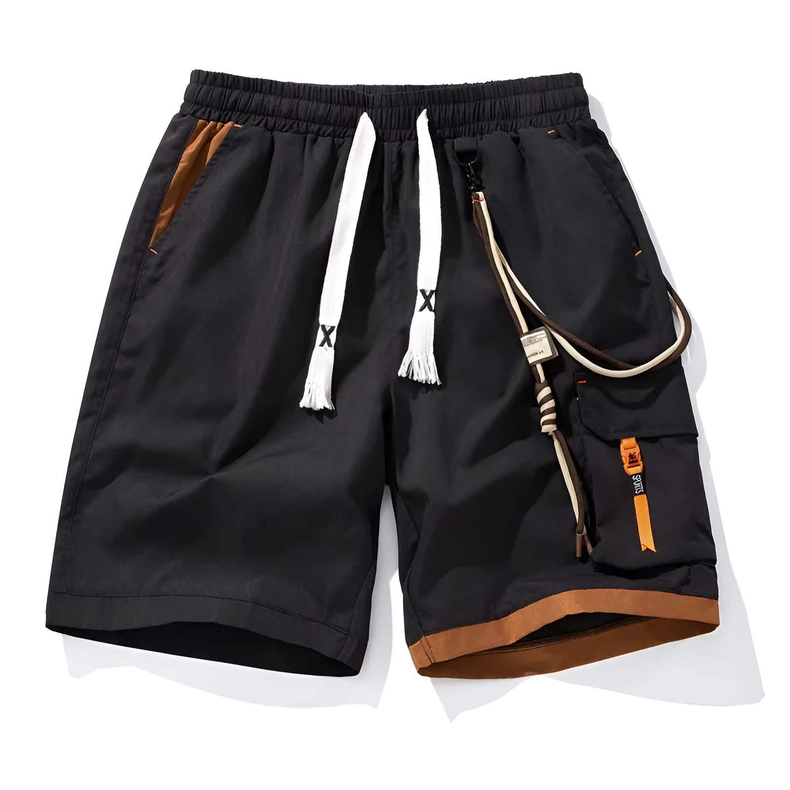 Man wearing coffee-coloured loose-fit bamboo fibre sports shorts with a straight leg and cropped length.