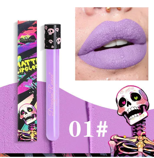 Halloween creative makeup lip gloss in skull-shaped test tube with retro matte gold and silver shades.
